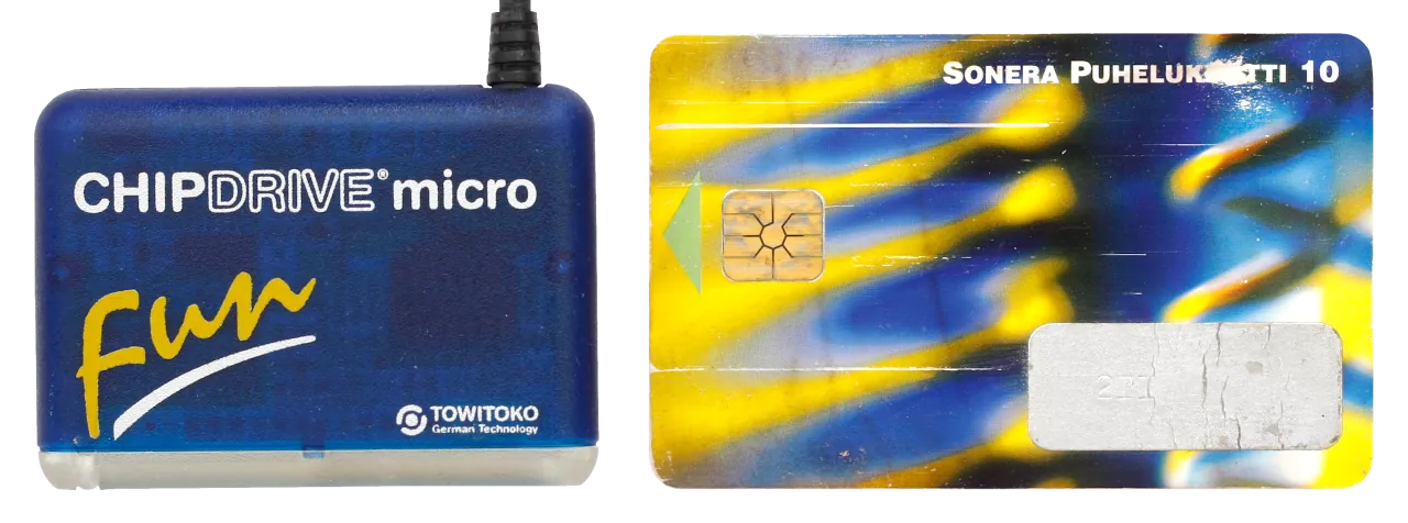 colorful smart card reader and old phone card