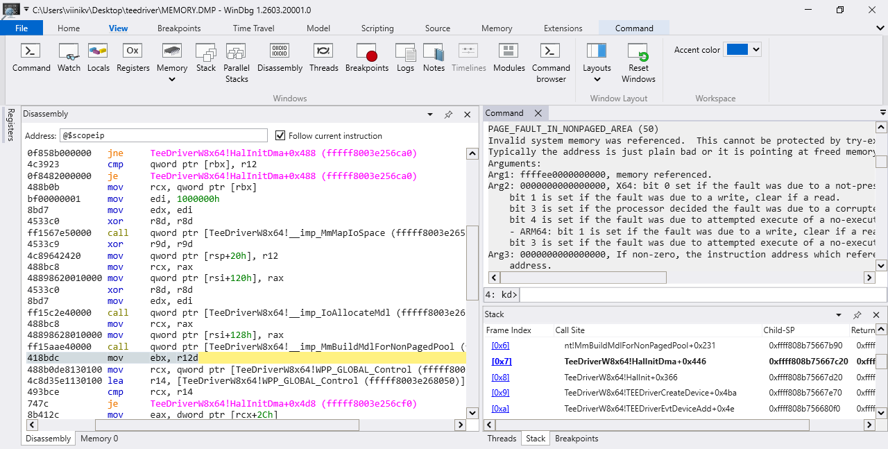 screenshot of windows debugger